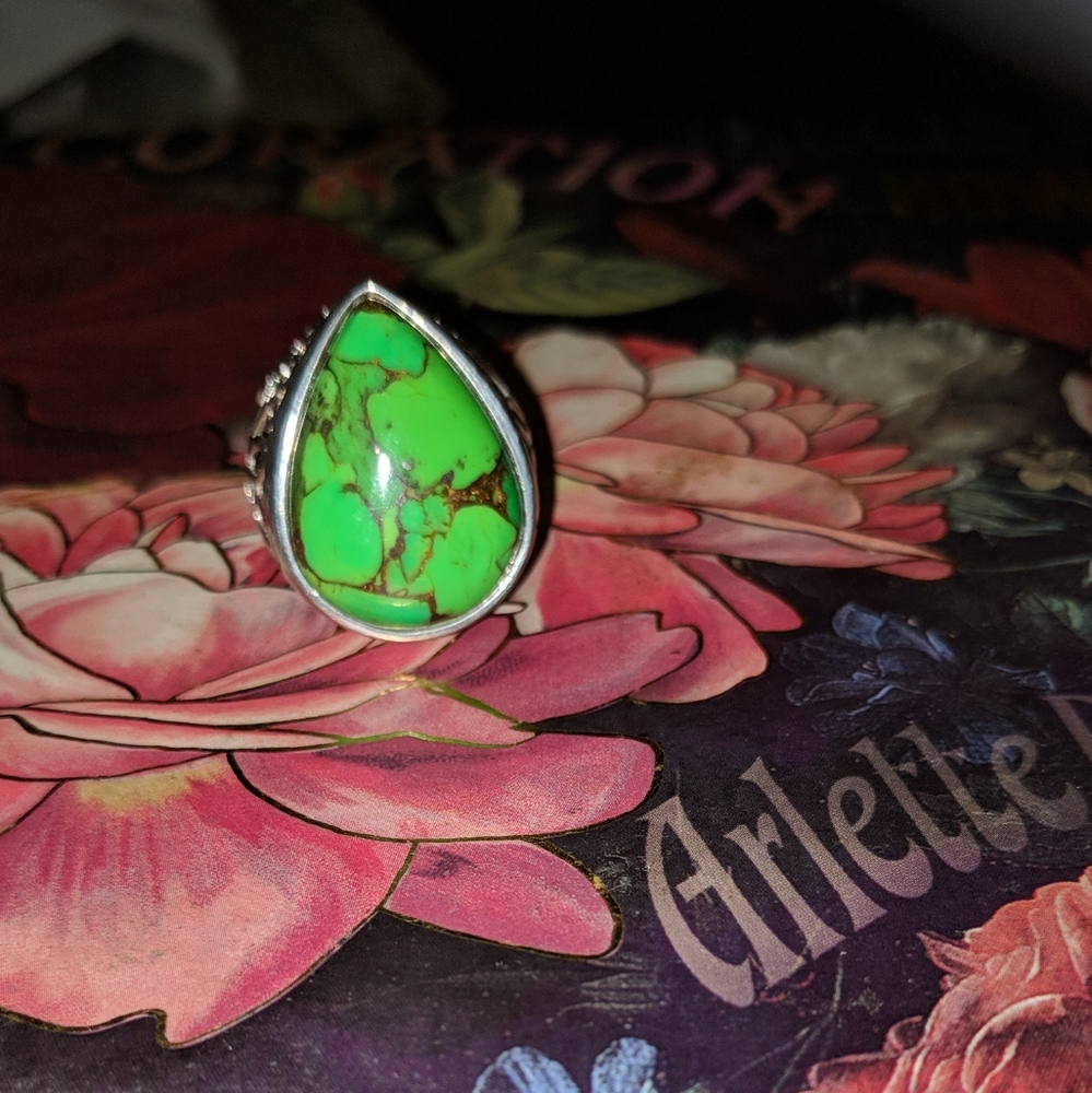 Bold turquoise pear shaped filigree Sterling ring